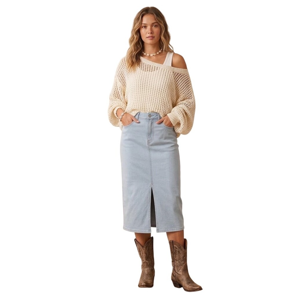 UNIVERSAL STANDARD Denim Midi Skirt Front Slit US2 US4 Coastal Western Boho $168